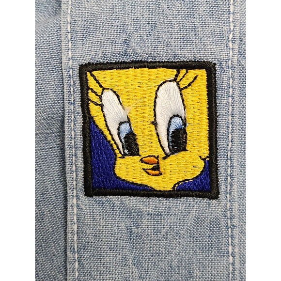 VTG 90's Warner Bros Shirt Men's XL Blue Long Sleeve Denim Chambray Looney Tunes - Picture 6 of 9